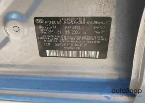 2015 Hyundai Elantra Se z USA, uszkodzony, nr VIN 5NPDH4AE4FH614525